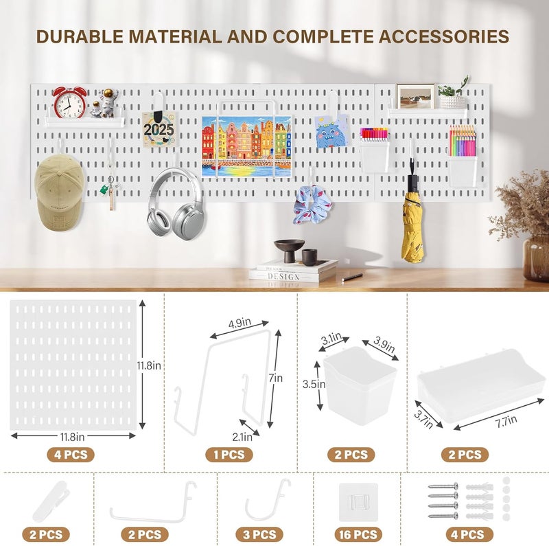 AKTOP Peg Board Wall Organizer 4-Pack – 12"x12" White Pegboard Combination Kit with 13 Accessories for Wall, Plastic Peg Board Panels for Home, Office, Garage Tool Storage & Craft Room - Image 3